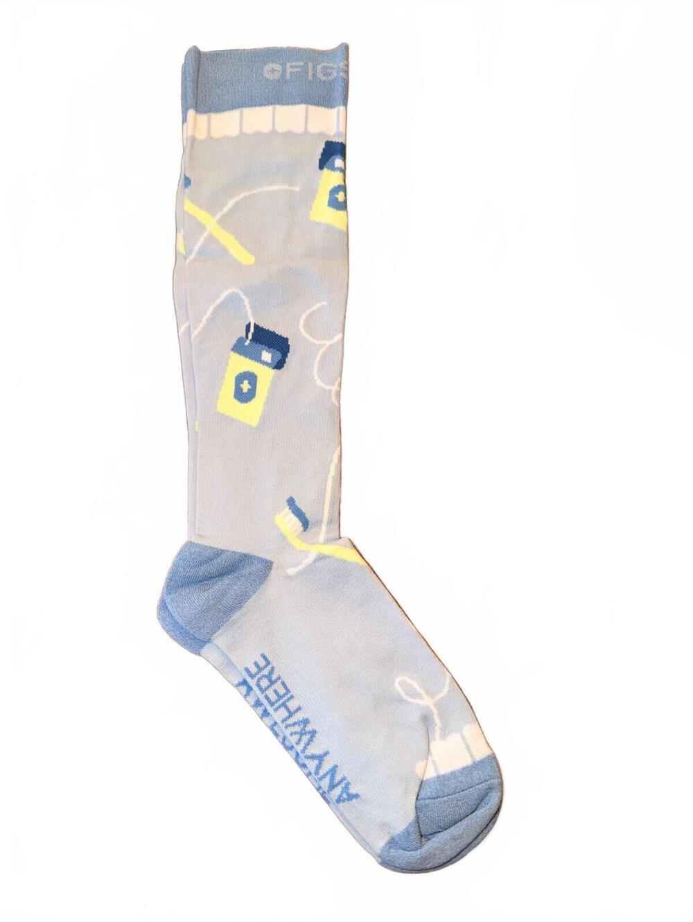 FIGS Anywhere Crew Socks Blue Yellow Medical Print One Size